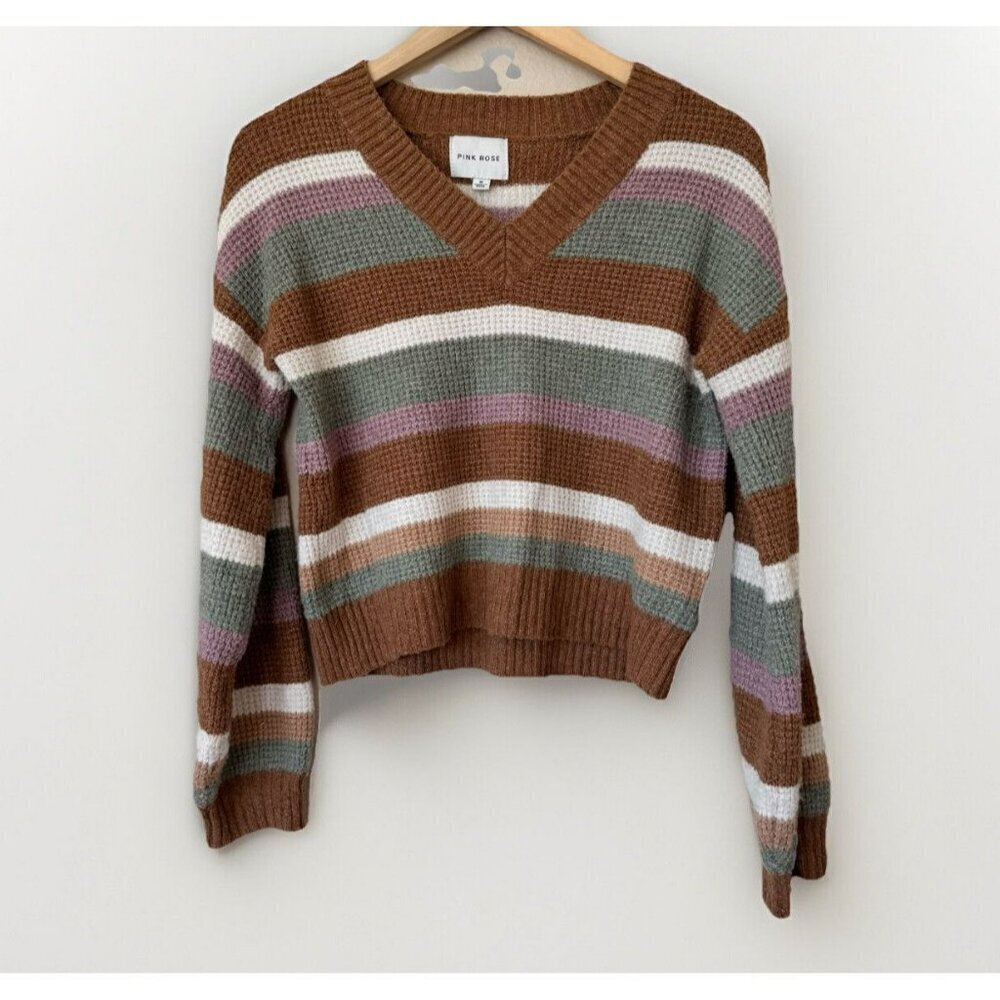 Pink Rose Womens Striped Knit Sweater V Neck Brown White Green Purple